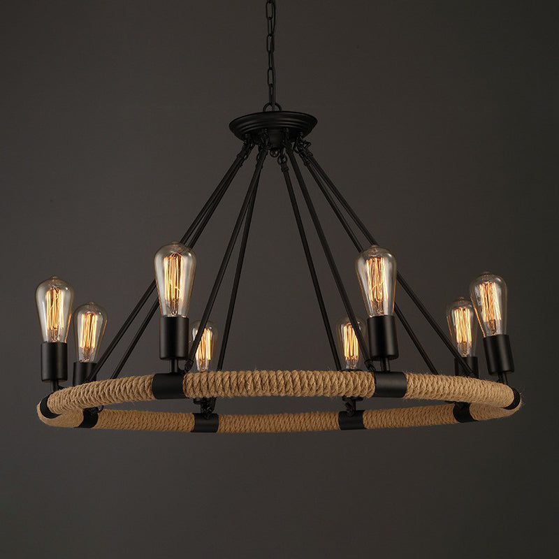 Rope-Wrapped Circle Pendant Light With Multiple Bulbs In Black And Brown