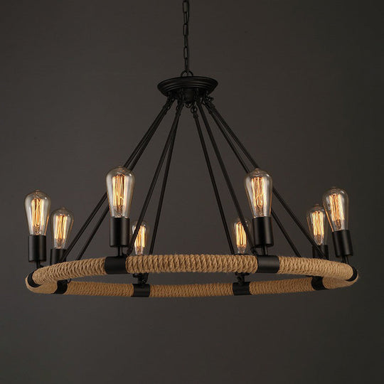 Rope-Wrapped Circle Pendant Light With Multiple Bulbs In Black And Brown