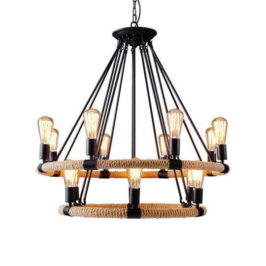 Rope-Wrapped Circle Pendant Light With Multiple Bulbs In Black And Brown