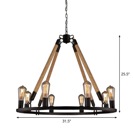 Industrial Hemp Rope Wagon Wheel Chandelier With 6/8 Black Pendant Lights For Living Room Ceiling