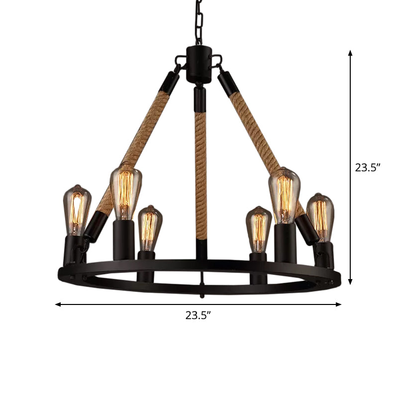 Industrial Hemp Rope Wagon Wheel Chandelier With 6/8 Black Pendant Lights For Living Room Ceiling