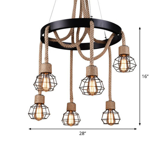 Rustic Hemp Rope Chandelier: Caged Sitting Room Pendant 6-Light Circular Suspension Brown