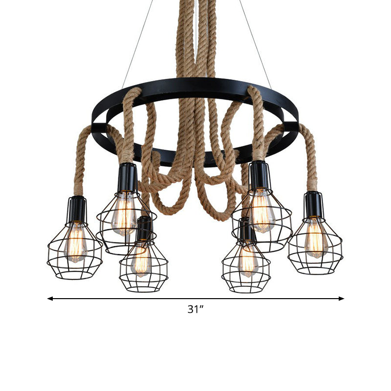 Rustic Circular Iron Pendant Light With Hemp Rope And Cage - 6 Bulb Brown Chandelier For Restaurants