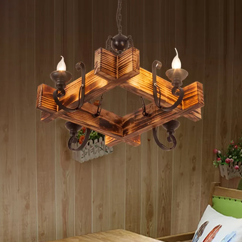 Nautical Wooden Hanging Light Fixture-Chandelier In Brown Triangular/Square Design 3/4/6-Head