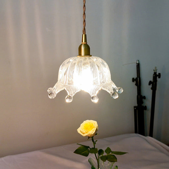 Glass Crown Pendant Lamp With Carved Design - Kids Bedroom Lighting In Brass