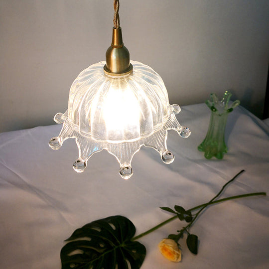 Glass Crown Pendant Lamp With Carved Design - Kids Bedroom Lighting In Brass