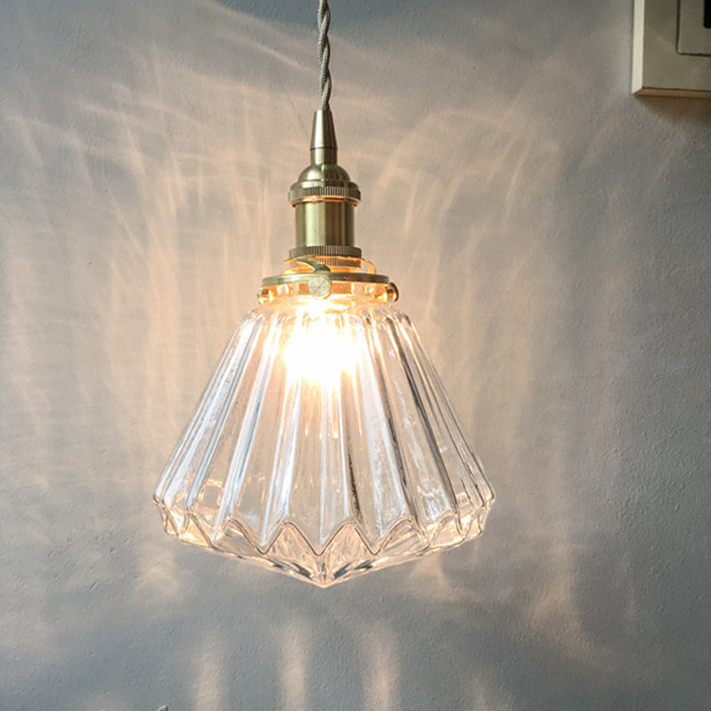 Rustic Brass 1-Light Pendant With Clear Glass Shade - Hanging Cone Drop Lamp