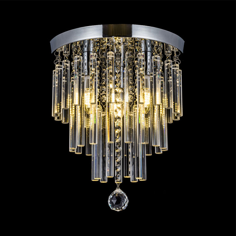 Round Chrome Crystal Bar Flush Mount Ceiling Light - Bare Bulb Flushmount