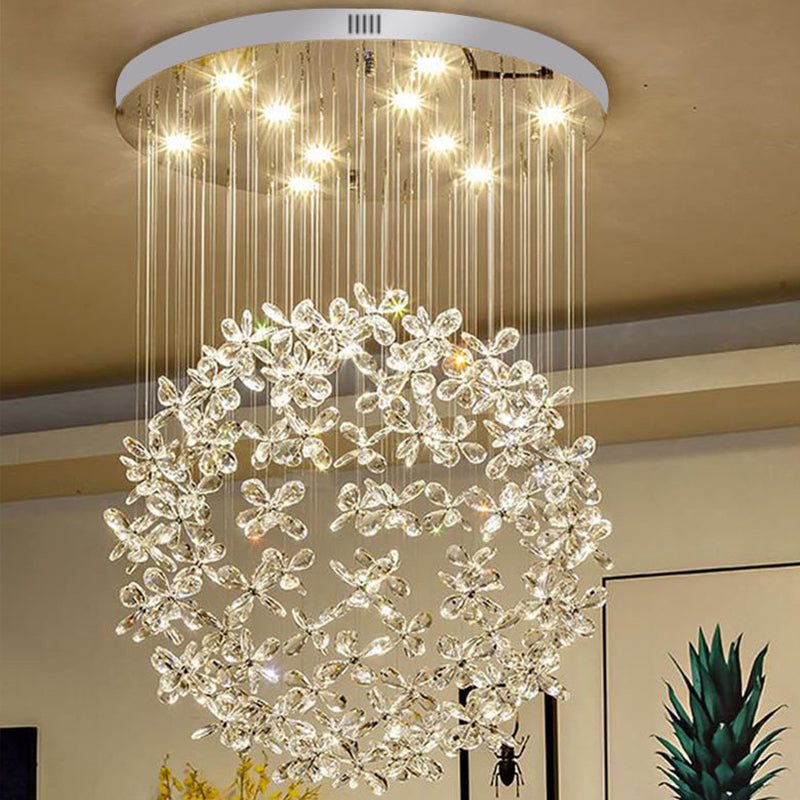 Modern Clear Crystal Sphere Flush Light - 16/19.5 W Nickel Ceiling Fixture With 9 Lights Dining Room
