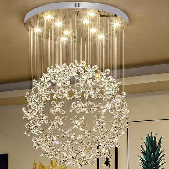 Modern Clear Crystal Sphere Flush Light - 16/19.5 W Nickel Ceiling Fixture With 9 Lights Dining Room
