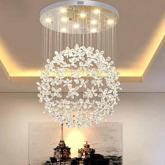 Modern Clear Crystal Sphere Flush Light - 16/19.5 W Nickel Ceiling Fixture With 9 Lights Dining Room