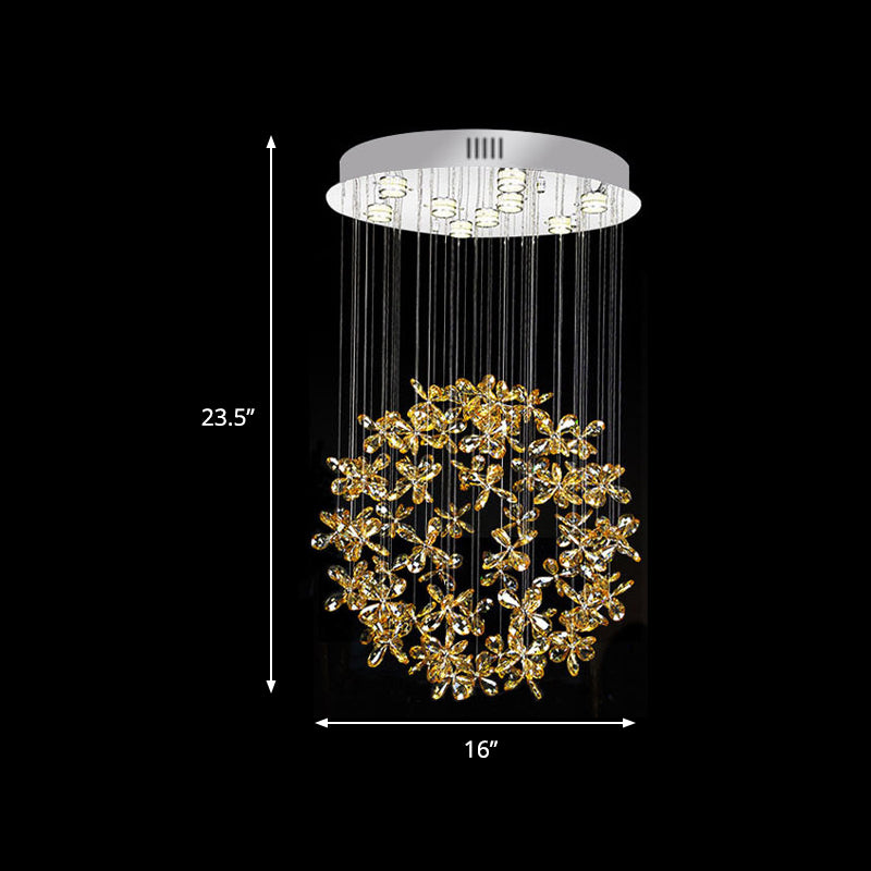 Modern Clear Crystal Sphere Flush Light - 16’/19.5’ W Nickel Ceiling Fixture With 9 Lights