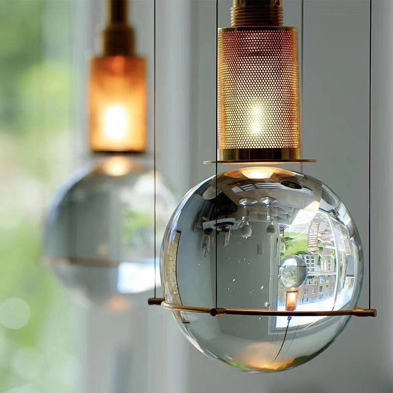 Postmodern Gold Ball Pendant Ceiling Light With Clear Glass And Mesh Top