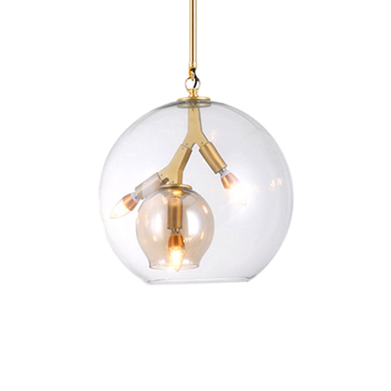 Modern Amber/Clear Glass Dining Room Chandelier With Triple Lights