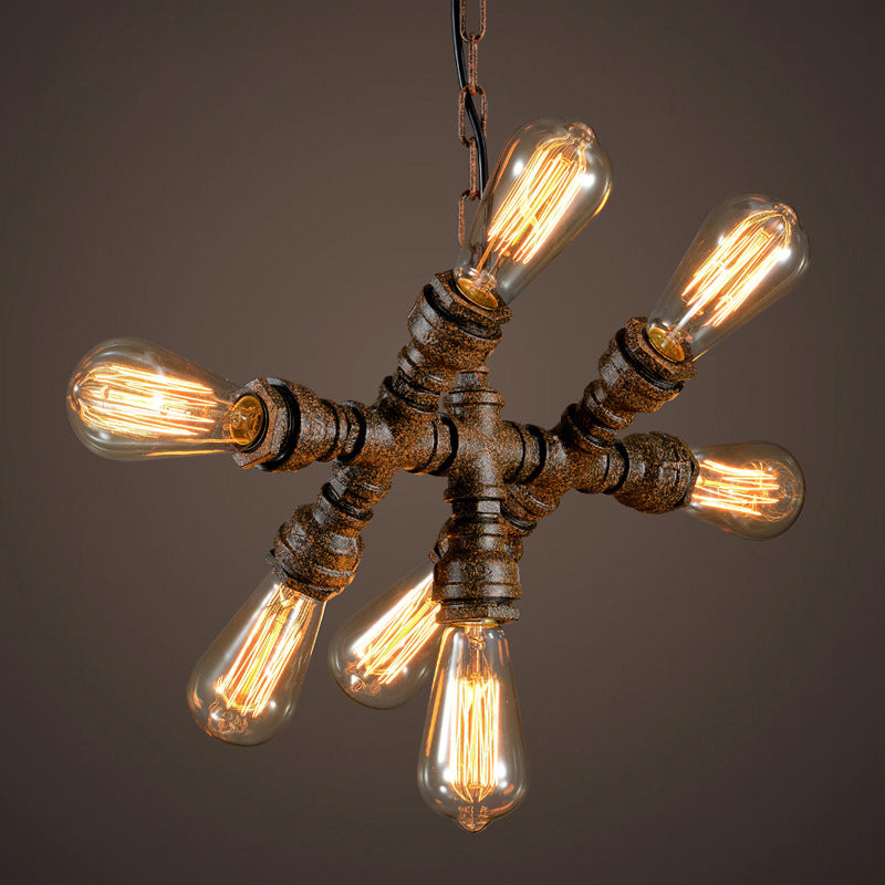 Rustic Iron Chandelier - 7-Light Warehouse Water Pipe Hanging Lamp For Bistro Lighting