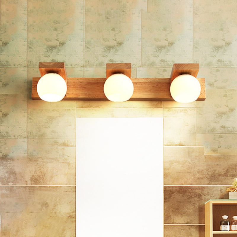 Nordic Wall Mount Sconce: Wood Vanity Lamp With Opal Glass Shade - 2/3 Heads