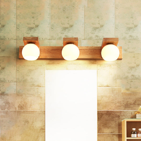 Nordic Wall Mount Sconce: Wood Vanity Lamp With Opal Glass Shade - 2/3 Heads