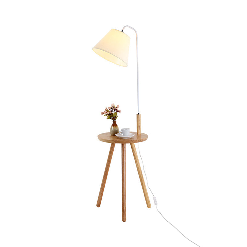 Modern Fabric Cone/Drum/Tapered Floor Lamp With Table & Storage Rack - Black/White/Wood Stand Up