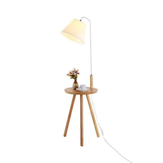 Modern Fabric Cone/Drum/Tapered Floor Lamp With Table & Storage Rack - Black/White/Wood Stand Up