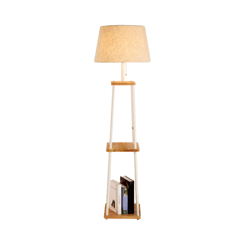Modern Fabric Cone/Drum/Tapered Floor Lamp With Table & Storage Rack - Black/White/Wood Stand Up