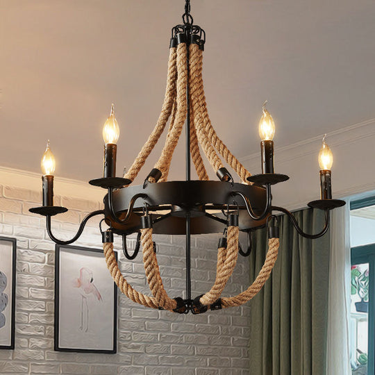 Rustic Black Metal Candelabra Pendant Chandelier - 6-Light Rope Hanging Ceiling Light With