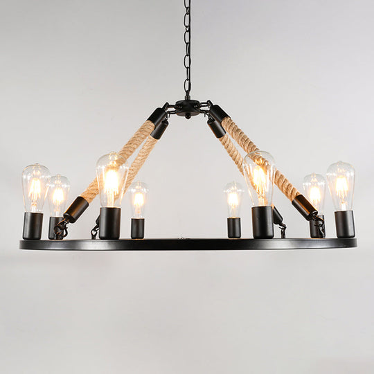 Industrial Metal Chandelier: Open Bulb 6/8-Light Rope Pendant Lamp Black With Ring Design - Dining