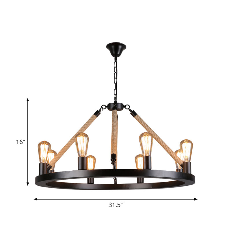 Industrial Metal Chandelier: Open Bulb 6/8-Light Rope Pendant Lamp Black With Ring Design - Dining