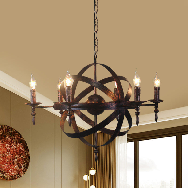 Metallic Chandelier With Spherical Cage Shade - Vintage 6/8 Head Ceiling Light For Restaurants In