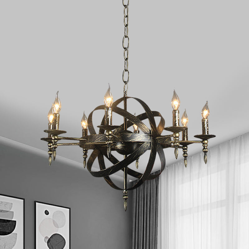Metallic Chandelier With Spherical Cage Shade - Vintage 6/8 Head Ceiling Light For Restaurants In