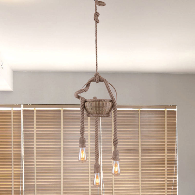 Vintage Beige Hemp Rope Chandelier - Rustic Hanging Light For Living Room