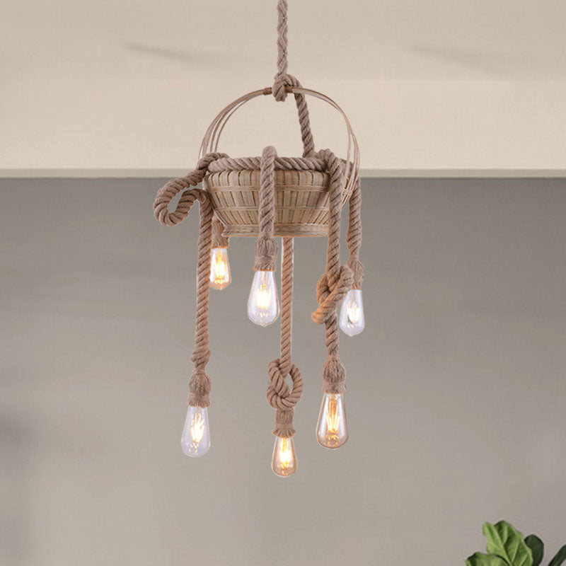 Vintage Beige Hemp Rope Chandelier - Rustic Hanging Light For Living Room