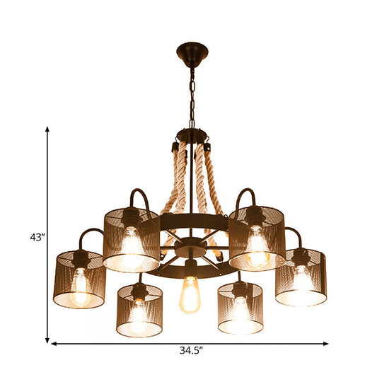 Vintage Style Cylinder Mesh Metal Shade Chandelier: 6-Head Restaurant Hanging Light In Beige