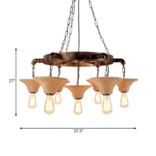 Antique Bronze Rope Chandelier Pendant Light With Cone Shade - Rustic Dining Room Ceiling Lamp 7/9