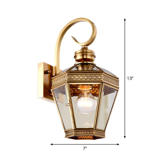 Sleek 1-Light Outdoor Brass Wall Sconce With Clear Glass Lantern Shade