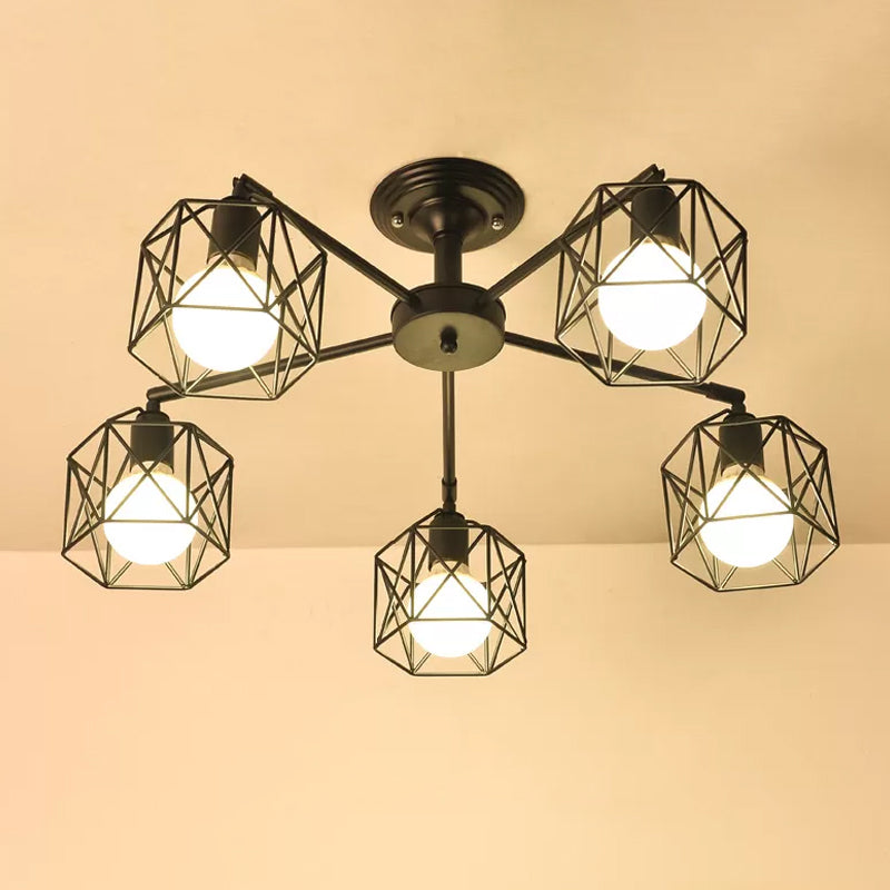 Iron Wire Cage Rotating Ceiling Chandelier - Warehouse Pendant Lamp 4/6/8-Light In Black 5 /