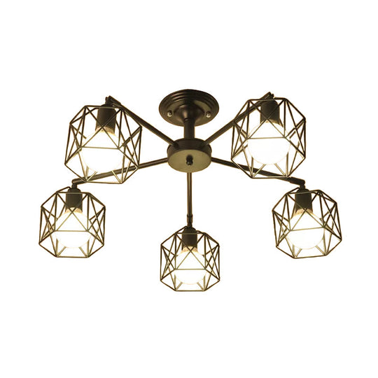 Iron Wire Cage Rotating Ceiling Chandelier - Warehouse Pendant Lamp 4/6/8-Light In Black