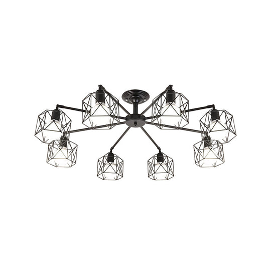 Iron Wire Cage Rotating Ceiling Chandelier - Warehouse Pendant Lamp 4/6/8-Light In Black