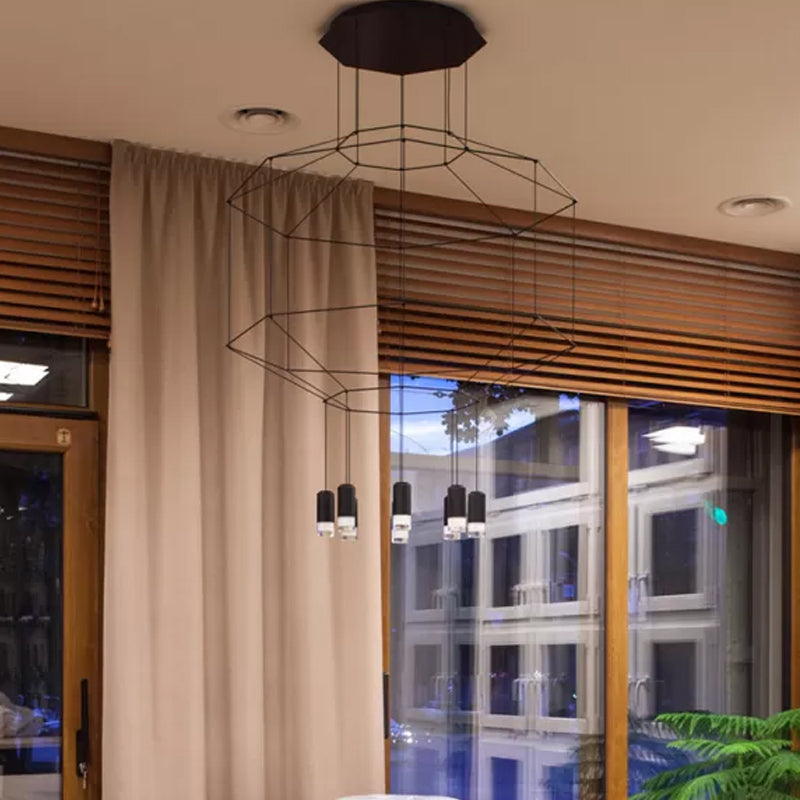 Industrial Black Hexagonal/Long Column Pendant Light - Modern 3D Structure With 4/6/8 Heads Ideal
