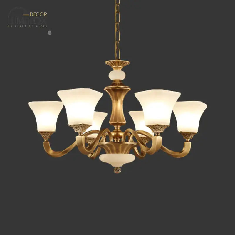 White Glass Pagoda Up Chandelier Traditional 3/6-Head Bedroom Hanging Pendant Light In Brass