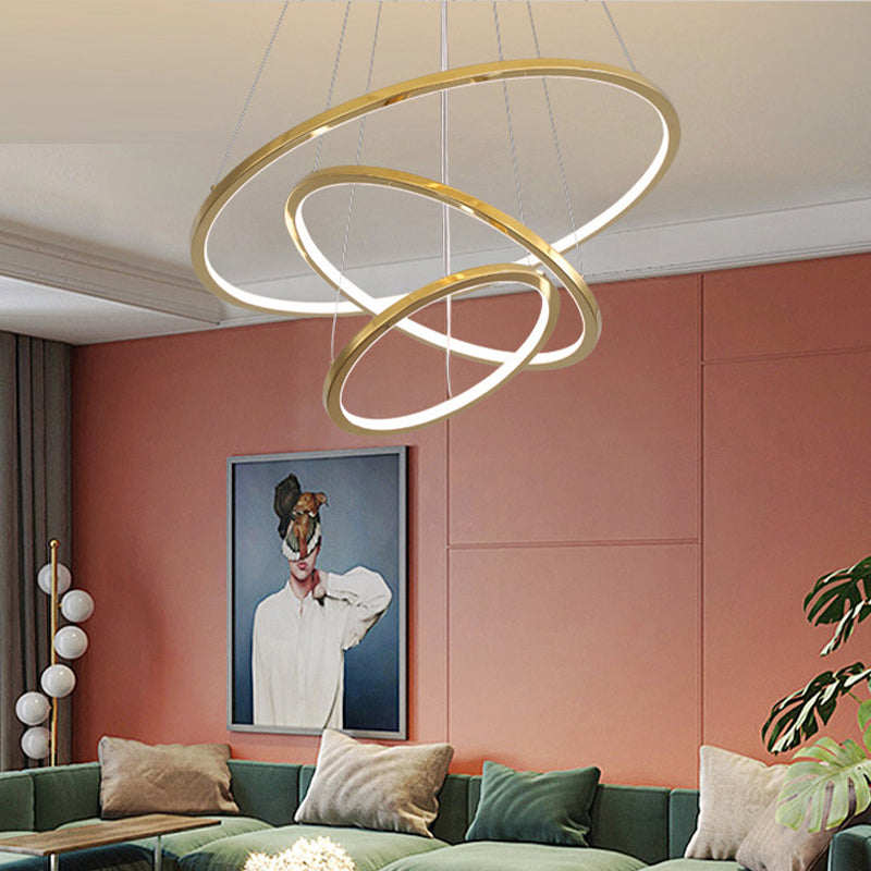 Gold Multi -Tire Chandelier Lamp Simplicity Stainless Steel Led Circle Ceiling Pendant / 3 Tiers