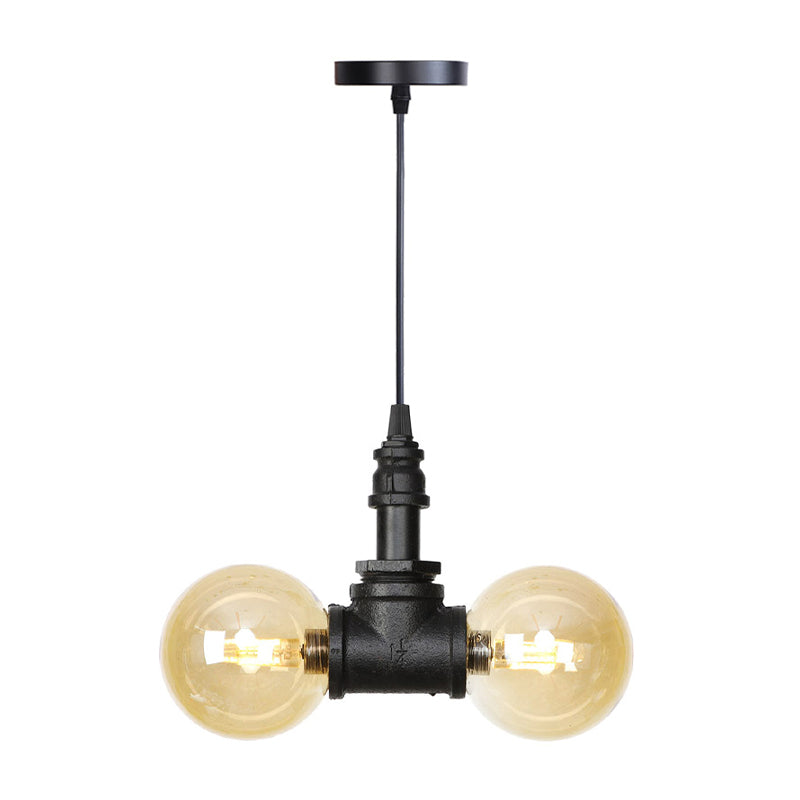 Vintage Glass Pendant Chandelier With Sphere Amber/Clear Bulbs - Black Fixture