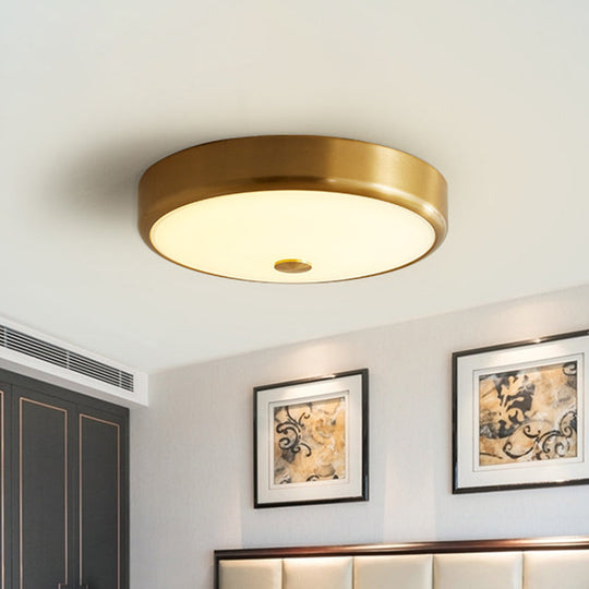 12.5/16 Diameter Antiqued Gold Led Flush Mount Ceiling Light - Simplicity White Glass Bowl Bedroom