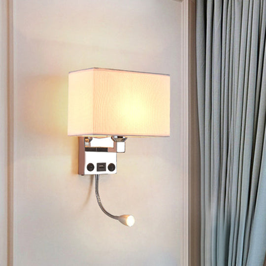 Modern Cuboid Wall Lamp With Usb Port Spotlight And Fabric Shade (Black/White/Flaxen)