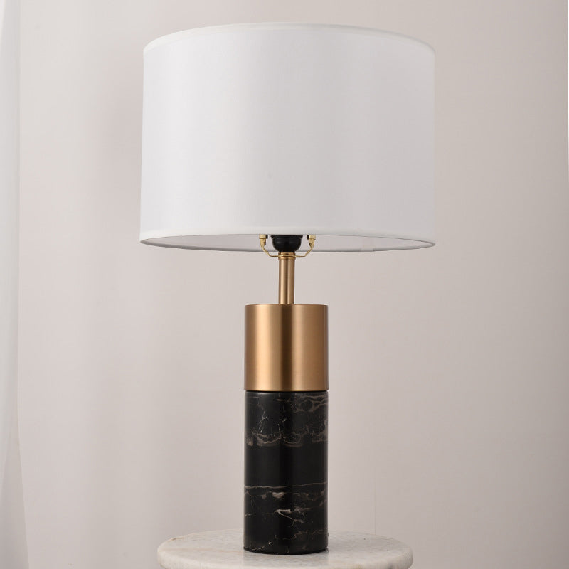 Postmodern Drum Bedside Table Lamp With Marble Pedestal - Black/White/Grey Fabric Design