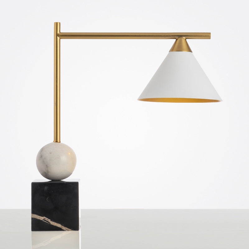Mid Century Geometric Nightstand Lamp: Marble Base Black-White-Brass Accent 1-Light Bedroom Table