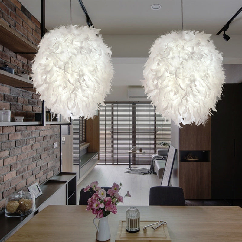 Simplicity White Pendant Light With Elegant Ellipse Feather Shade - Perfect For Dining Rooms 1-Light