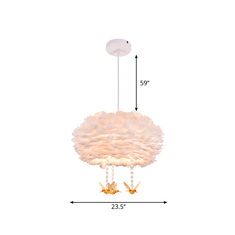 Nordic White Chandelier With Goose Feather Drums Bird Deco & 5 Lights - 16-31.5 Width