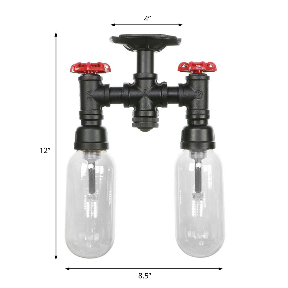 Vintage Matte Black Semi Mount Ceiling Light With Clear Glass Shades - 2-Light Capsule Design