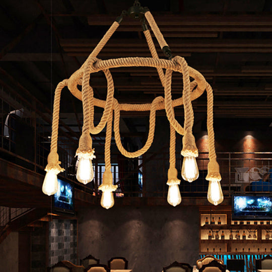 Hemp Rope Chandelier Pendant Light Kit In Antiqued Beige For Restaurants With Exposed Bulb