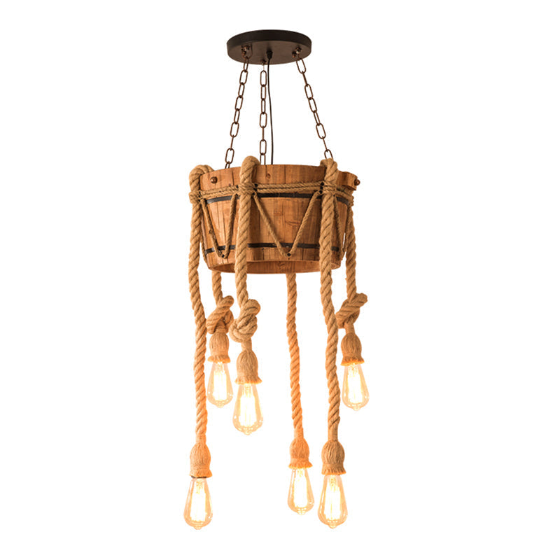 Wooden Beige Chandelier With Rope Cord For Restaurant Décor